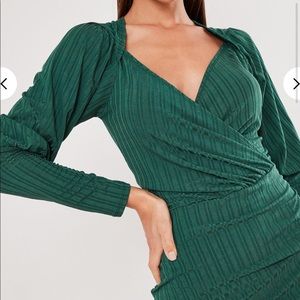 Green Ribbed Wrap Dress